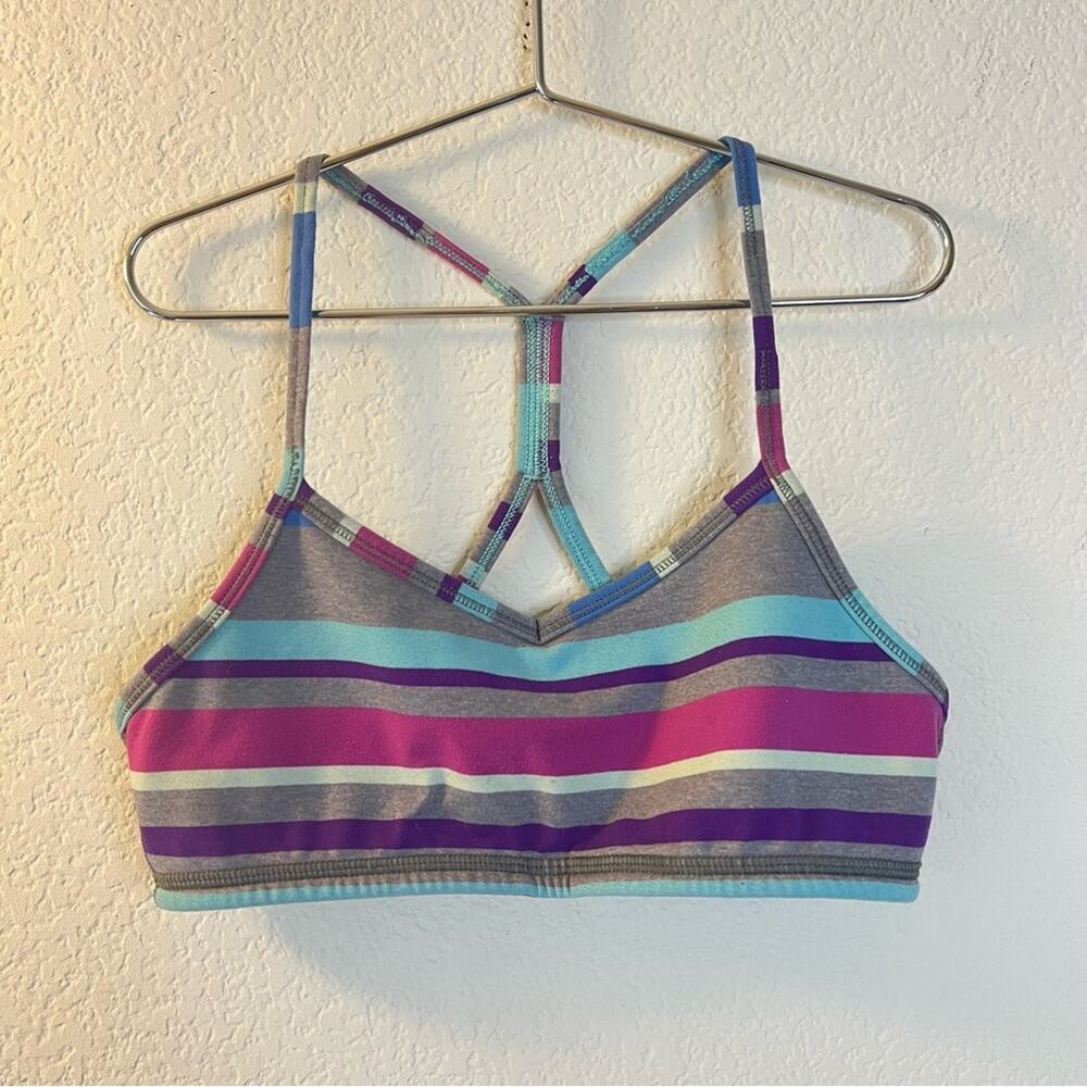 Ivivva mixed stripe Y back sports bra gray fuchsia aqua purple